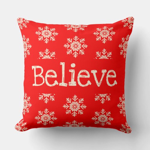 Red White Snowflake Believe Christmas Throw Pillow