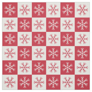 Red White Snowflake Checkered Pattern Fabric