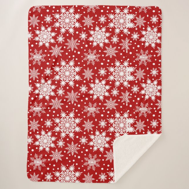 Red & White Snowflake Christmas Classic Pattern Sherpa Blanket (Front)