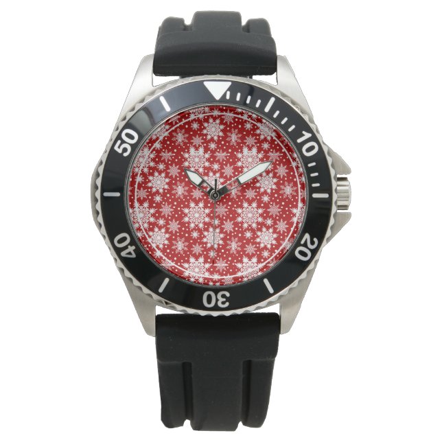 Red & White Snowflake Christmas Classic Pattern  Watch (Front)