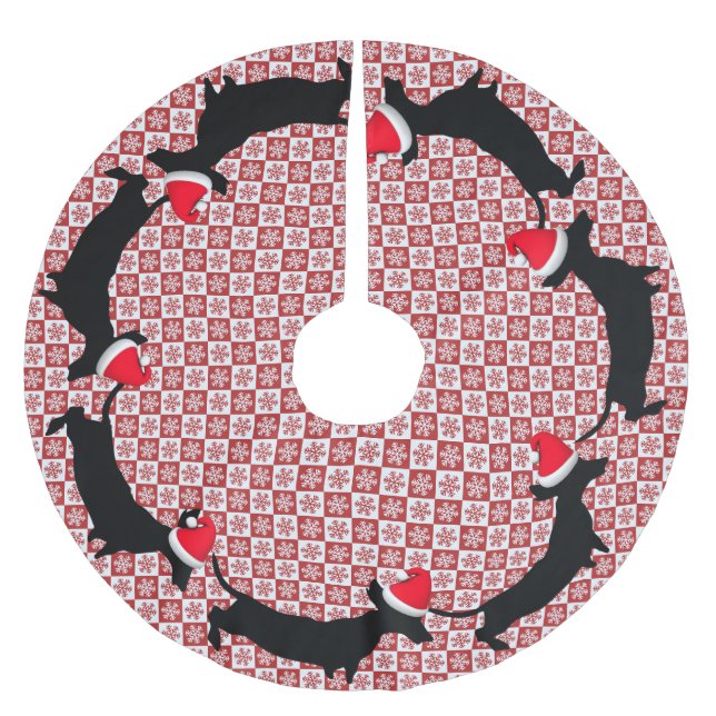 Red & White Snowflake Dachshunds Tree Skirt (Front)