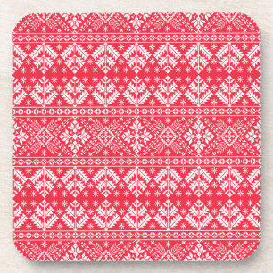 Red & White Snowflake & Floral Fair Isle Christmas Beverage Coaster