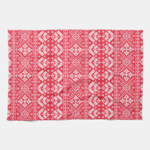 Red & White Snowflake & Floral Fair Isle Christmas Kitchen Towel