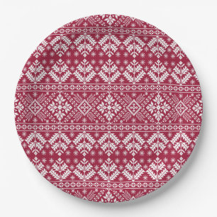 Red & White Snowflake & Floral Fair Isle Christmas Paper Plates