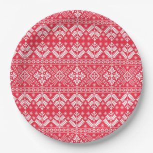 Red & White Snowflake & Floral Fair Isle Christmas Paper Plates