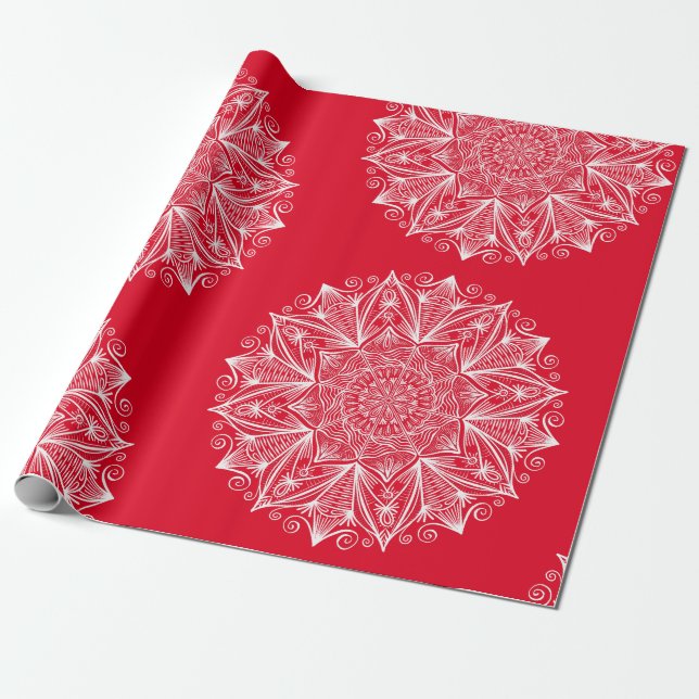 Red White Snowflake Mandala Art Pattern Christmas Wrapping Paper (Unrolled)