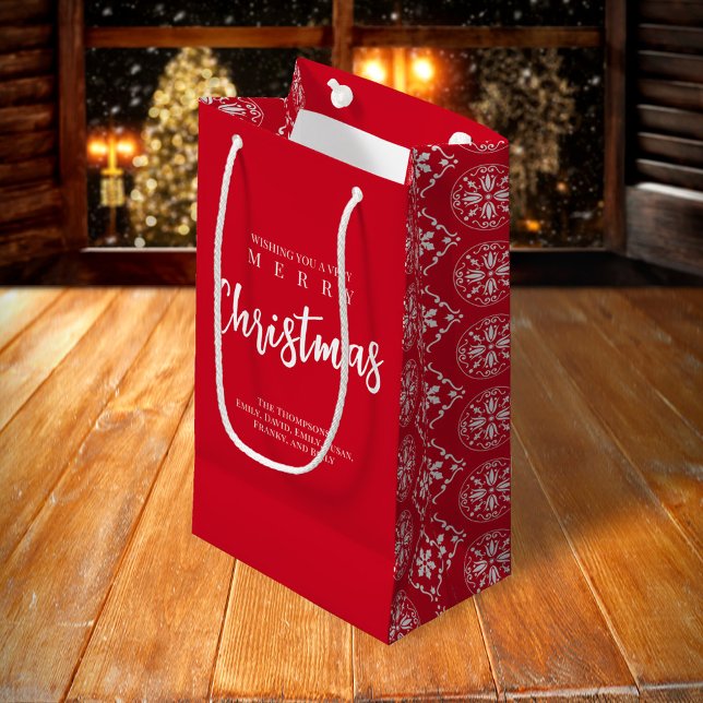 Red White Snowflake Merry Christmas Custom Small Gift Bag (Merry Christmas holiday red snowflake gift bag. )