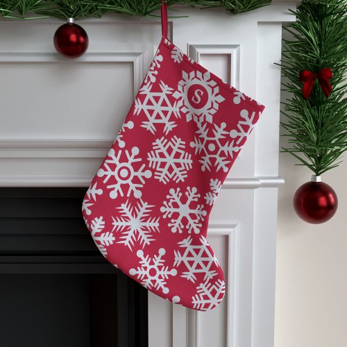 Red White Snowflake Pattern Monogrammed Large Christmas Stocking