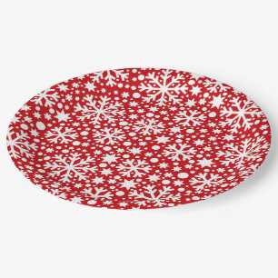Red white snowflake pattern party paper plate