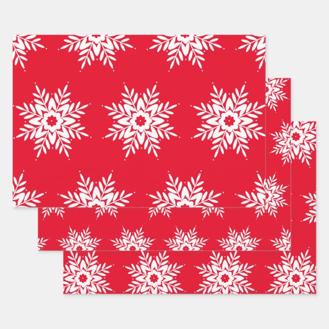 Red White Snowflake Pattern Wrapping Paper Sheets (Set)