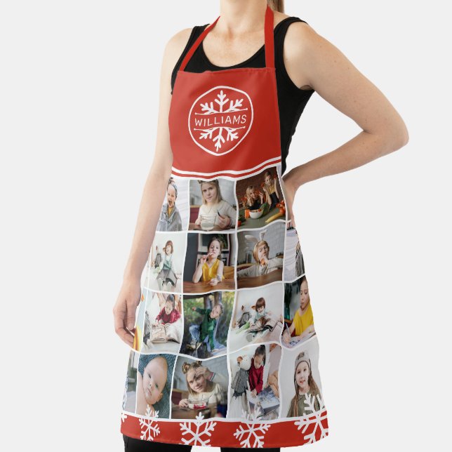 Red White Snowflake Photo Collage Christmas Apron (Insitu)