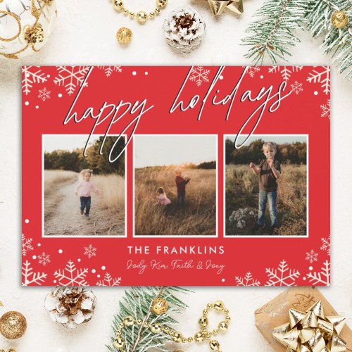 Red  White Snowflake Script Happy Holidays Photo Holiday Card