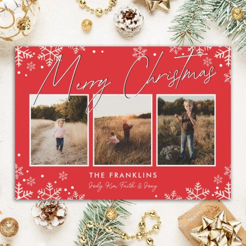 Red White Snowflake Script Type Christmas Photo  Holiday Card