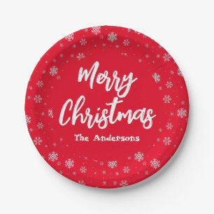 Red White Snowflake Simple Elegant Merry Christmas Paper Plates
