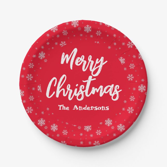Red White Snowflake Simple Elegant Merry Christmas Paper Plates (Front)