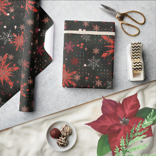Red White Snowflakes Black Wrapping paper