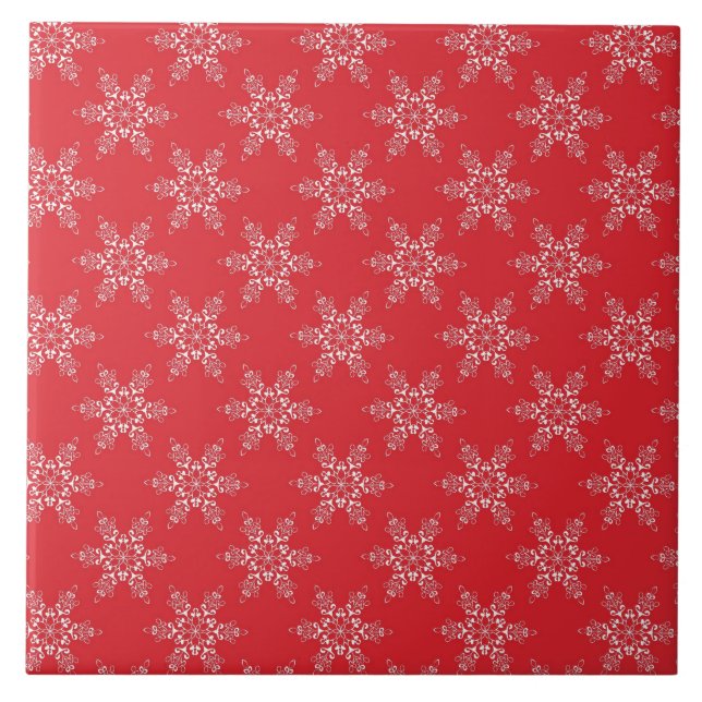 Red White Snowflakes Ceramic Tile (Front)