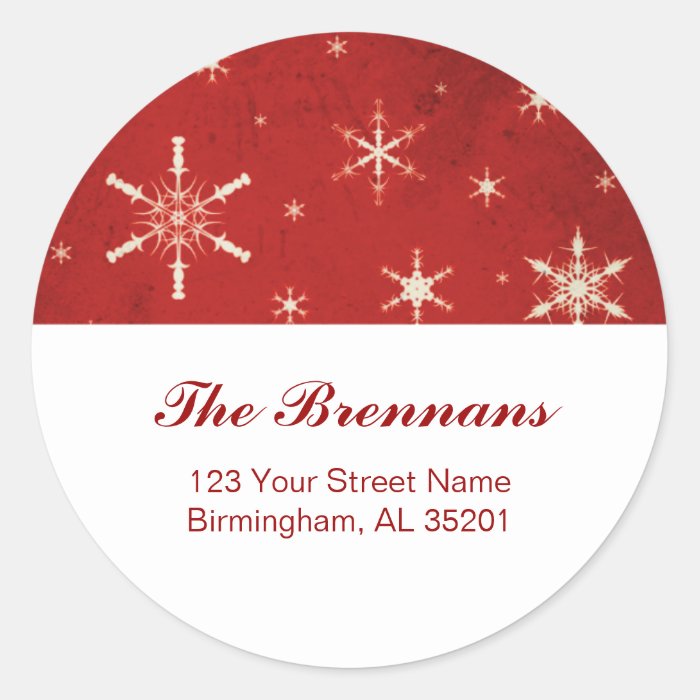 Red & White Snowflakes Christmas Address Labels US Round Sticker