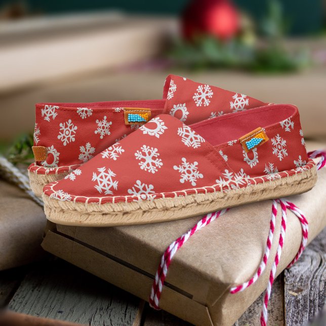 Red White Snowflakes Christmas Espadrilles  (A festive pair of red and white snowflake pattern espadrilles perfect for a hot Christmas)