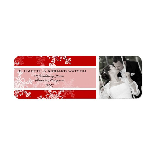 Red White Snowflakes Christmas Wedding Photo Label (Front)