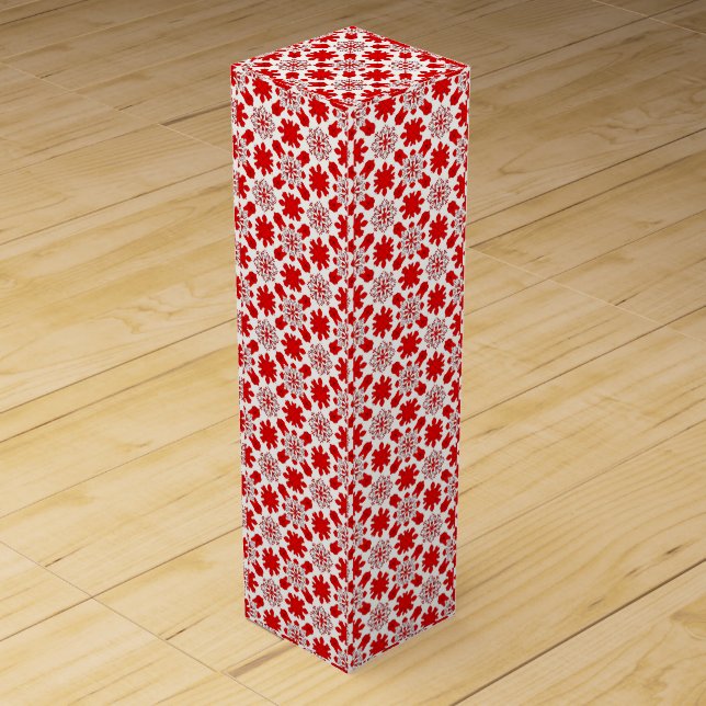 🎄 Red White Snowflakes Festive Pattern Winter🍷🎄 Wine Box (Front)