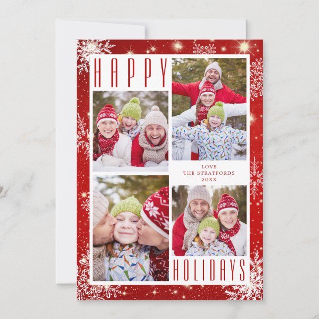 Red White Snowflakes HAPPY HOLIDAYS 4 Photos Holiday Card (Front)