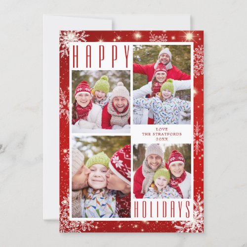 Red White Snowflakes HAPPY HOLIDAYS 4 Photos Holiday Card