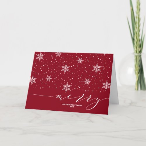 Red  White Snowflakes Lettering Merry Christmas Holiday Card