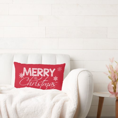 Red  White Snowflakes  Merry Christmas Lumbar Pillow