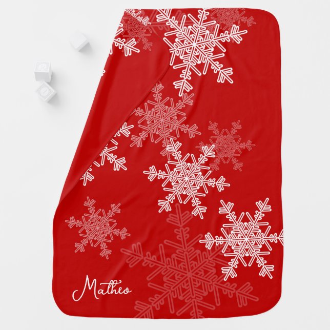 Red White Snowflakes Minimalist Christmas Name Baby Blanket (In Situ)