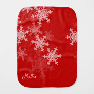 Red White Snowflakes Minimalist Christmas Name Baby Burp Cloth