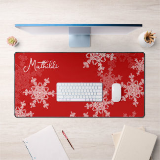 Red White Snowflakes Minimalist Christmas Name Desk Mat