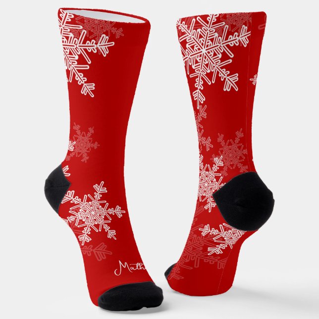 Red White Snowflakes Minimalist Christmas Name Socks (Angled)