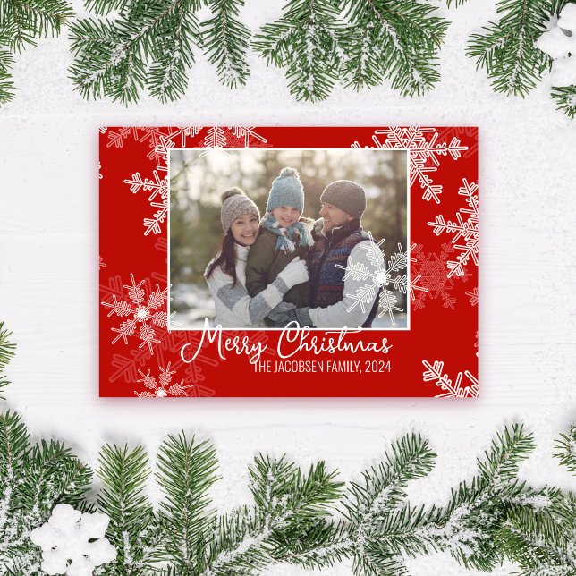 Red White Snowflakes Minimalist Christmas Photo Holiday Card (Creator Uploaded)
