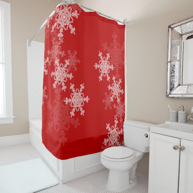 Red White Snowflakes Minimalist Christmas Shower Curtain (In Situ)