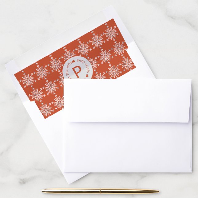 Red White Snowflakes Pattern Monogrammed Christmas Envelope Liner (Desk)