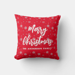 Red White Snowflakes Script Retro Family Christmas Throw Pillow