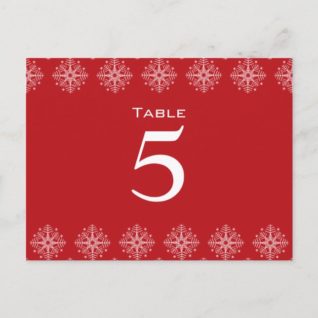 Red + white snowflakes wedding table number (Front)