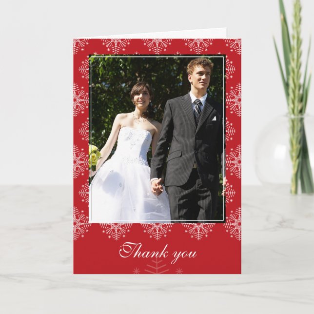 Red + white snowflakes winter wedding thank you (Front)