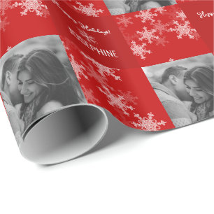 Red White Snowlfake Minimalist Photo Christmas Wrapping Paper