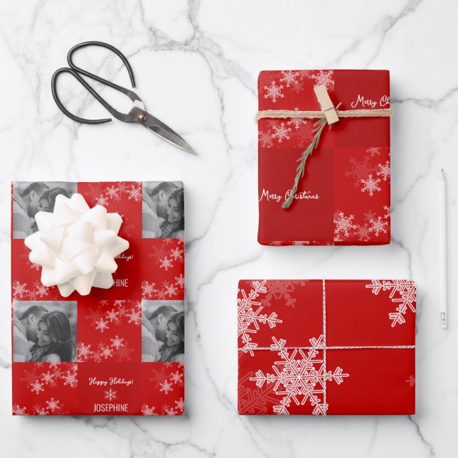 Red White Snowlfake Minimalist Photo Christmas  Wrapping Paper Sheets (Front)