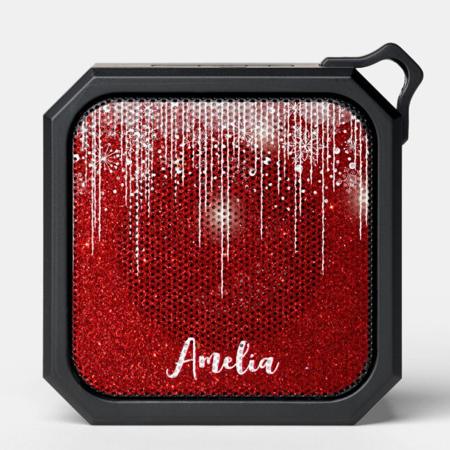 Red White Snowy Snowflake Your Name Bluetooth Speaker (Front)