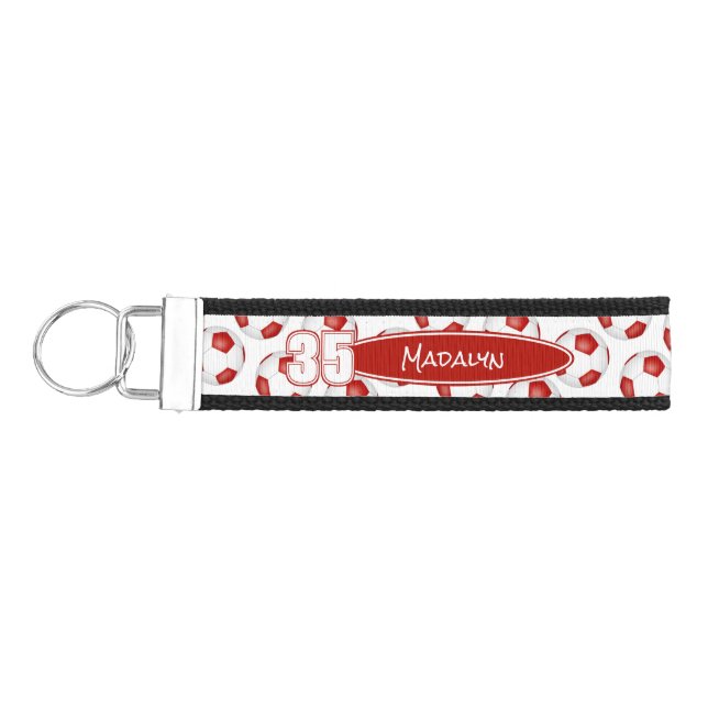 red white soccer balls athlete name wrist keychain (Keys on Left)