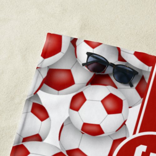 Red white soccer balls pattern personalized name  beach towel