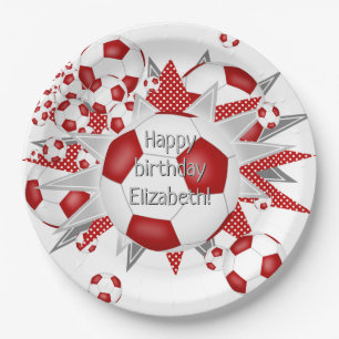 Red white soccer balls stars birthday paper plates