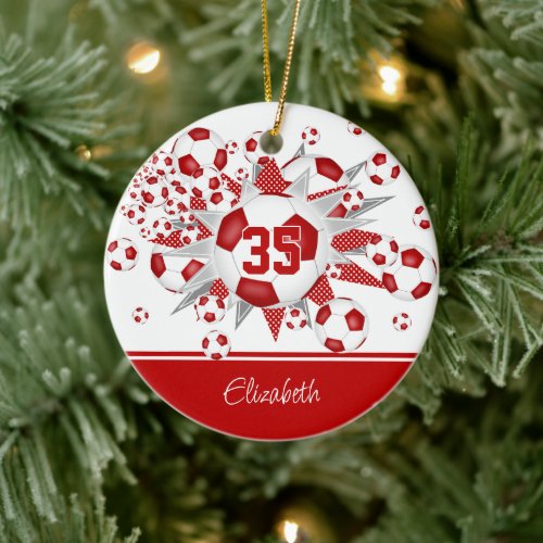 Red white soccer balls stars personalized  ceramic ornament