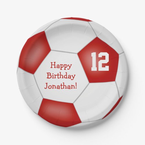 red white soccer themed kids birthday party paper plates