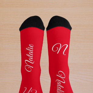 Red white solid color monogrammed socks