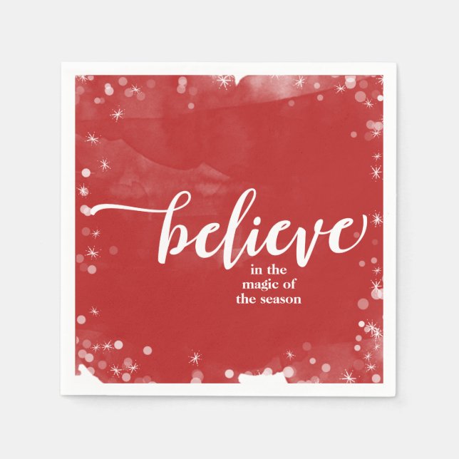 Red & White Sparkle Believe Christmas Holiday Napkins (Front)