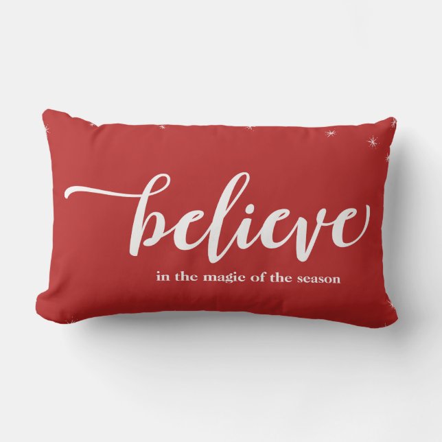 Red & White Sparkle Believe In Holiday Christmas Lumbar Pillow (Front)